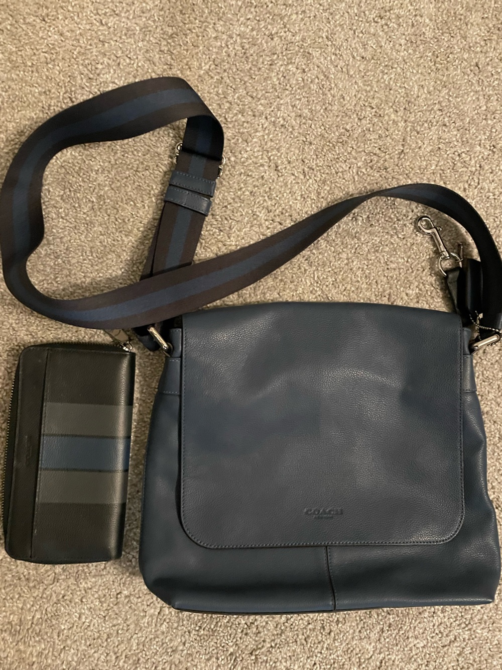 Coach Navy Leather Messenger Bag with Striped Webbing Strap